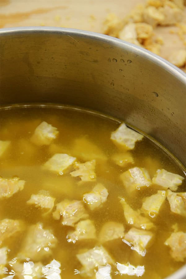 crumbled tempeh is simmered in vegetable broth