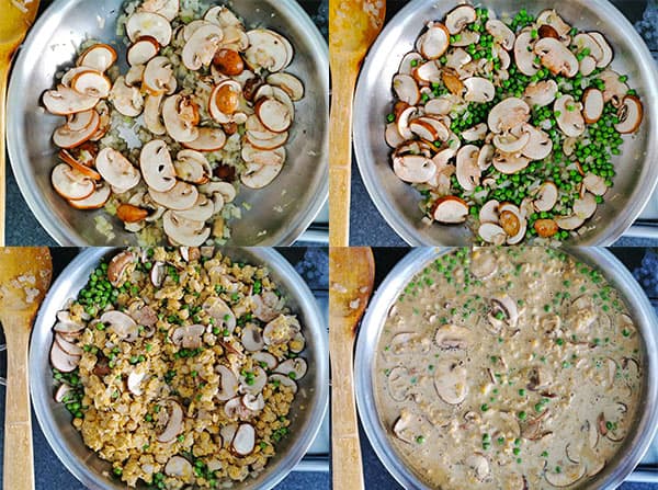 4 pictures showing the steps in making tuna casserole - cooking mushrooms, adding peas, adding chickpeas and adding sauce.