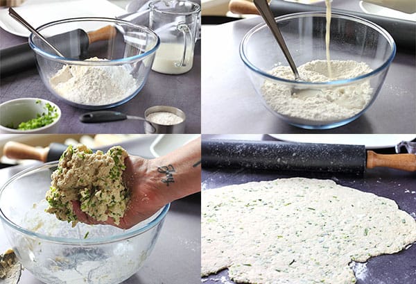4 pictures of making dumplings by mixing dry ingredients, adding plant milk, mixing to form a dough ball and rolling out the dough.