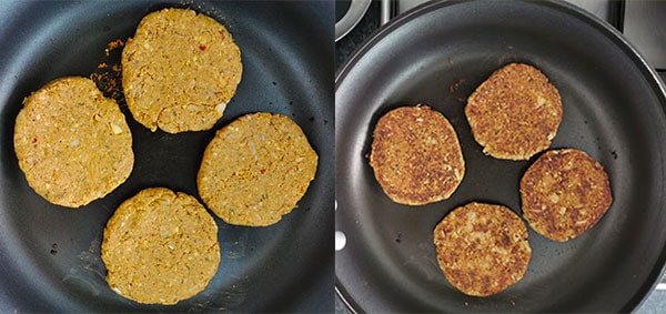 2 pictures of tempeh breakfast sausage patties in frying pan. One with patties before turning and the other done in pan.