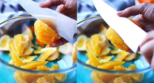 2 pictures of segmenting peeled oranges into glass bowl.