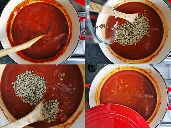 4 pictures showing how to make vegan lentil sloppy joes in one pot.