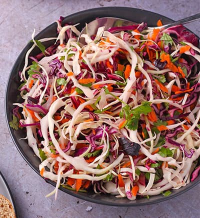 Quick cilantro lime slaw with white and purple cabbage, shredded carrots and cilantro in black bow.