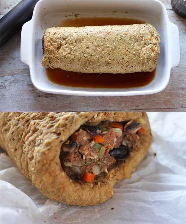 2 pictures showing seitan roast rolled on parchment paper and then in the baking dish.