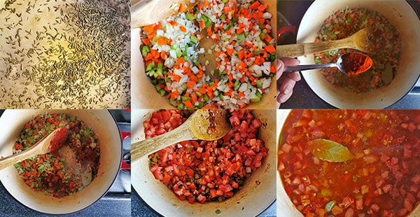 6 pictures in collage show toasting cumin seeds; sauteing onions, carrots and celery; adding smoked paprika; stirring spices; adding tomatoes; and adding broth and fava beans.