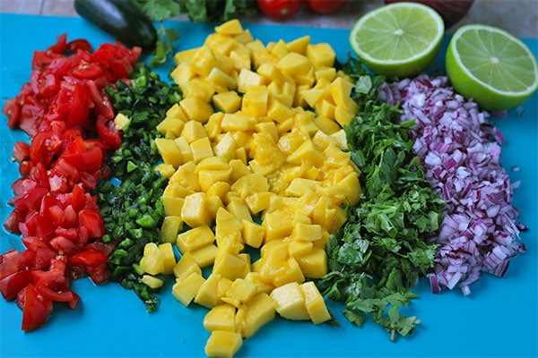 blue mat with diced tomatoes, diced jalapenos, diced mango, chopped cilantro and diced red onion.