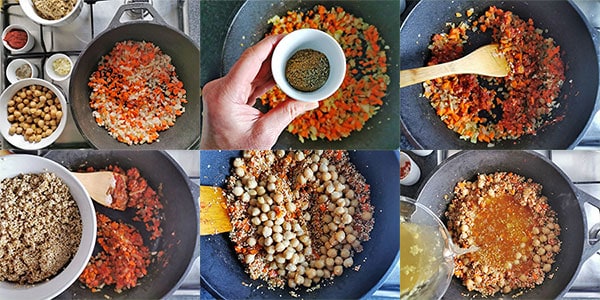 Collage of 6 pictures demonstrating cooking process for quinoa chickpea pilaf.