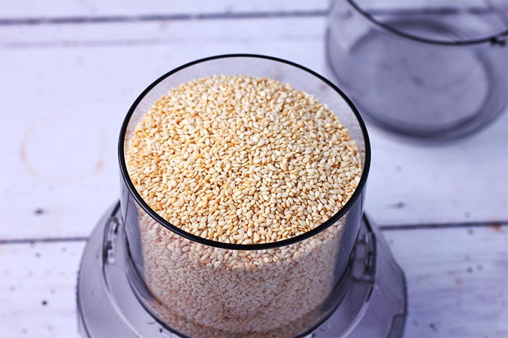 Toasted sesame seeds in small spice grinder.