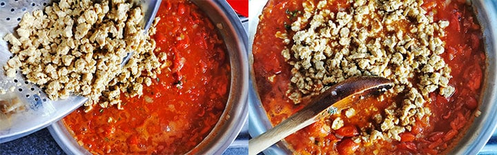 Tempeh is simmered and then added to Bolognese sauce to make flavorful tempeh bolognese.