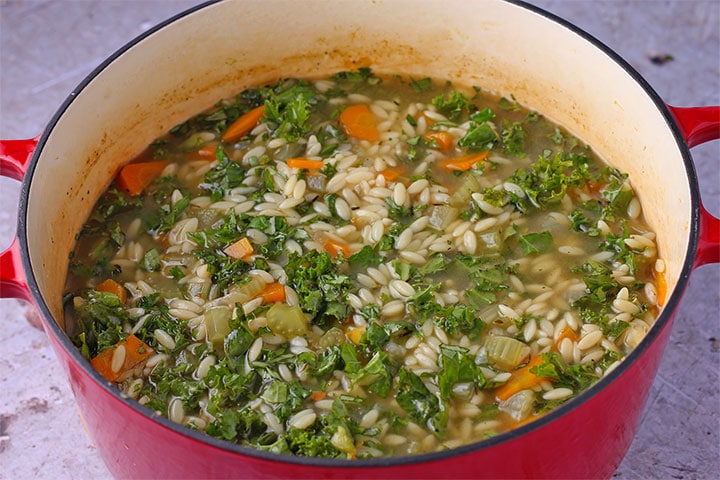 Vegetable soup with kale added on top in red pot.