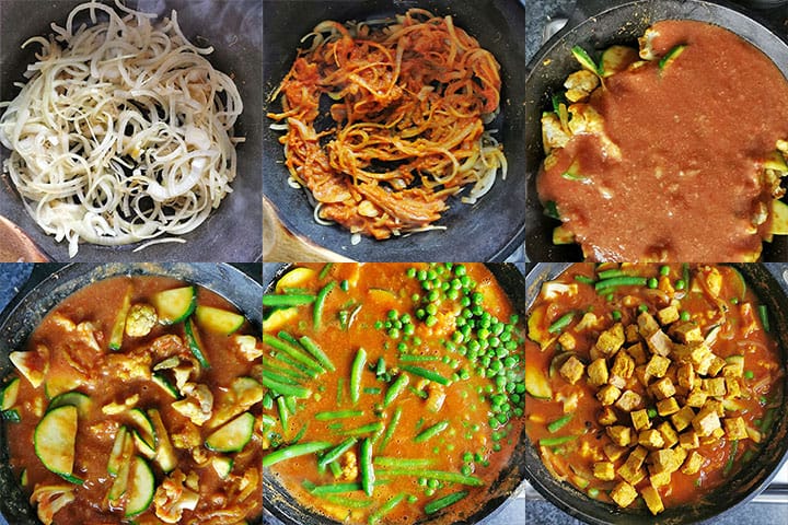 6 picture process for making tomato vegetable curry