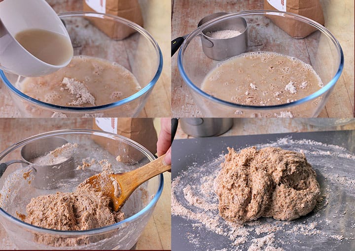 4 pictures show adding water with yeast to flour, yeast and water with flour in bowl, mixing dough with wooden spoon and turning out dough onto board.