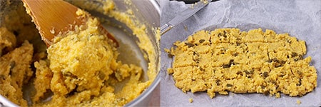 Polenta is cooked in a pot and stirred with a wooden spoon and then laid out and cubed before baking