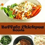 buffalo chickpea bowl in white bowl and ingredients on board