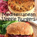 Mediterranean veggie burgers on wooden plates with pickled red onions