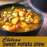 Black bowl of Chilean sweet potato stew: porotos granados with recipe title in black text.