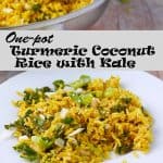 Turmeric coconut rice with kale and toasted coconut flakes and sesame seeds on white plate with text overlay and recipe title.