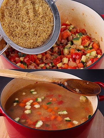bulgur is added to post of onions, zucchini, tomatoes, carrots and red pepper and another picture with broth added.