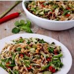 Asian rice noodle salad with green beans, bean sprouts, cucumber, scallions, red chilies, mint, cilantro, basil, peanuts and rice noodles on white plate.