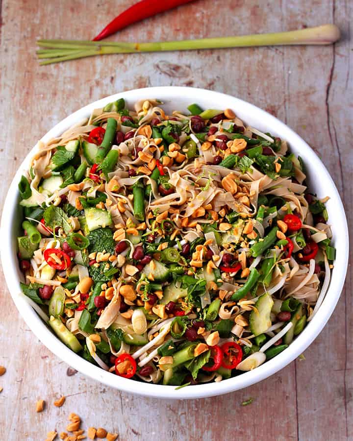 Rice noodle salad with green beans, bean sprouts, red chilies, mint, basil, scallions, cucumbers, rice noodles and chopped peanuts