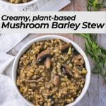 overhead shot of mushroom barley stew with broccoli and fresh tarragon in 2 white bowls and text overlay with recipe title.