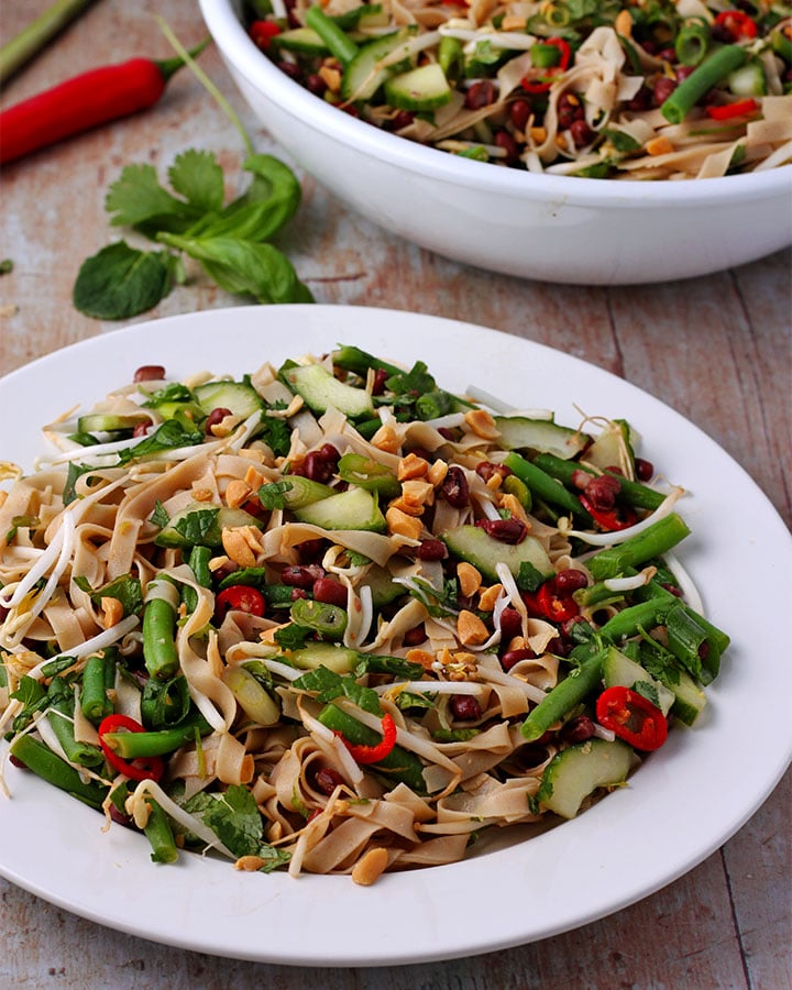 Asian rice noodle salad with green beans, bean sprouts, cucumber, scallions, red chilies, mint, cilantro, basil, peanuts and rice noodles on white plate with bowl of salad in background.