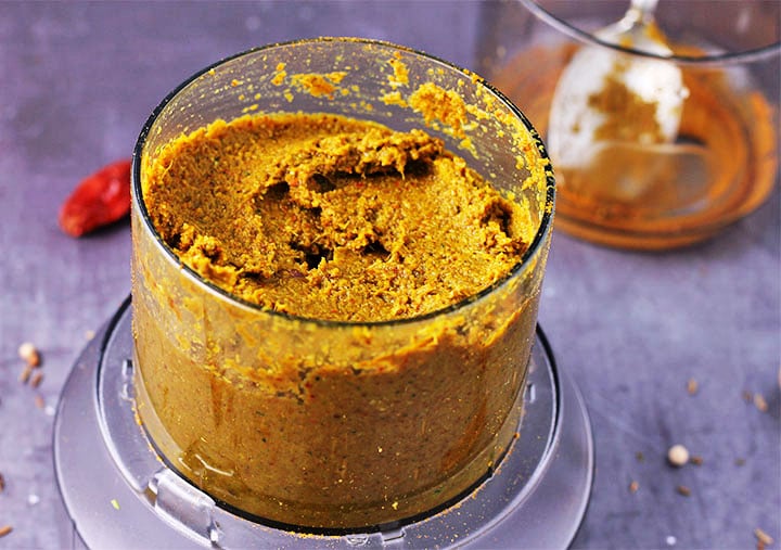 Yellow Thai massaman curry paste in small food processor
