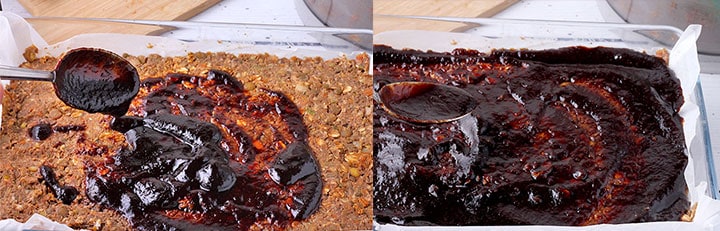 2 pictures of balsamic glaze being spread with a spoon over lentil mushroom loaf and one with it spread