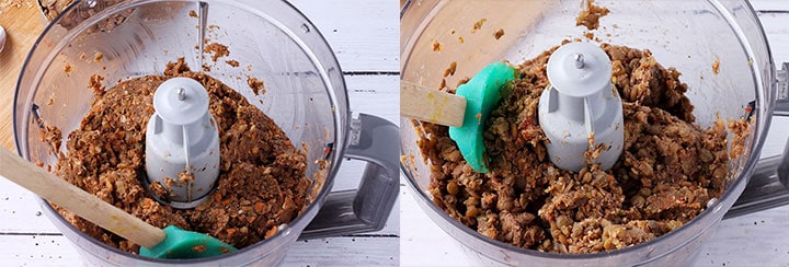 1 picture of brown lentil loaf mixture in food processor with green rubber spatula and second picture with whole cooked lentils mixed in