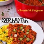 red lentil masala dal on white plate with text overlay with recipe title