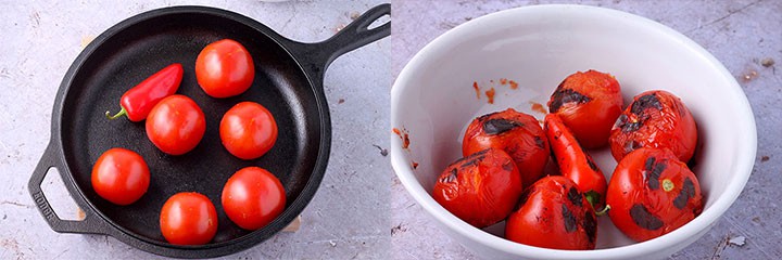 Tomatoes and red jalapeno is roasted in cast iron skillet and placed into bowl