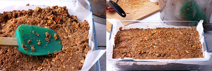 Lentil mixture is spread in a parchment paper-lined baking dish with green spatula and a second picture with lentil loaf mixture spread evenly in baking dish