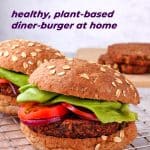 burger patties are place between 2 buns with onion, lettuce and tomato and are placed on wire rack with recipe title written on picture
