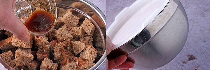 2 pictures show liquid seasoning being added to bread cubes and bowl covered and shaken