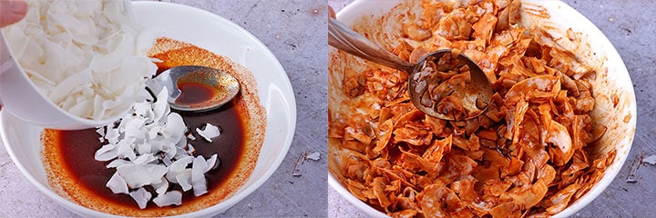 2 pictures show coconut flakes added to white bowl of liquid bacon seasoning and second picture mixing coconut flakes in white bowl.