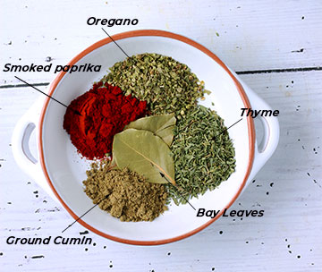 white bowl with dried cumin, smoked paprika, oregano, thyme and bay leaves is labeled with spice and herb names.