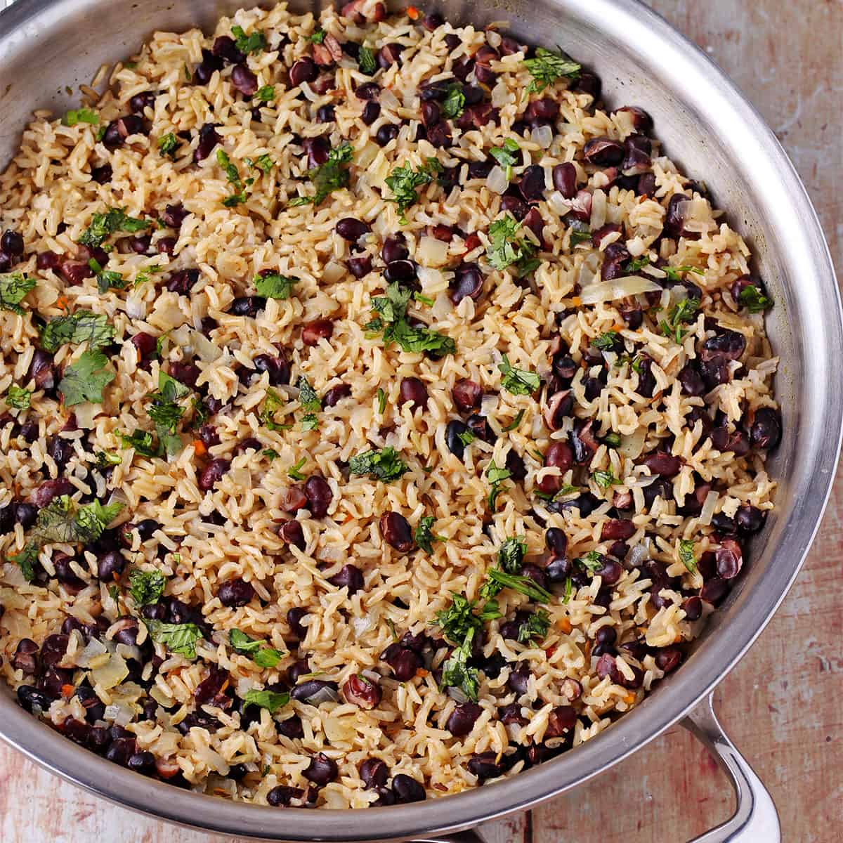 one pot rice and black beans in skillet