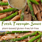Tarragon sauce is ladled over cooked pasta and asparagus tips
