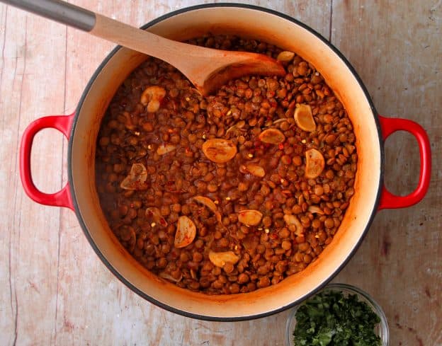 Overhead shot of lentils in Diavolo sauce with sliced garlic in red pot with a wooden spoon.