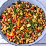 chickpea and veggie stew in blue bowl