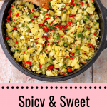 Pineapple chutney in black skillet with text overlay of recipe title.
