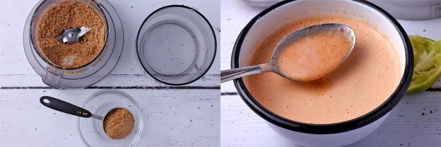 one picture of flax seeds in spice grinder and a second picture of chipotle cream sauce in a white bowl with spoon