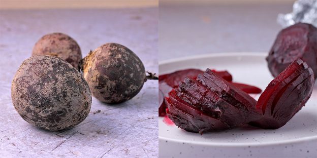 1 picture of raw beets and a second picture with cooked and sliced beetroot.