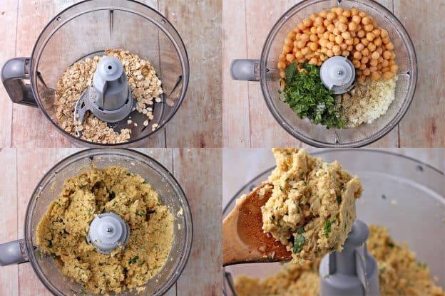 4 pictures demonstrate how to blend ingredients to make chickpea cutlets.