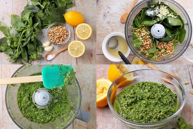 making pesto in 4 pictures with fresh basil and spinach, garlic, lemon juice and salt.