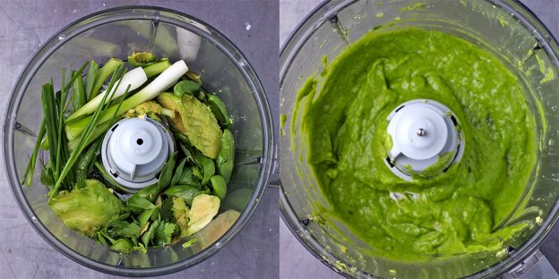 2 pictures of ingredients for green goddess dressing in a food processor and blended ingredients in the processor.