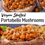 Chickpeas, whole and mashed fill Portobello mushrooms, garnished with sesame seeds.