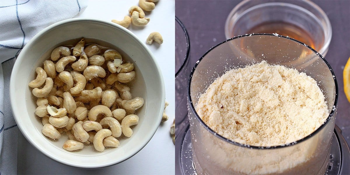 A white bowl filled with cashews soaked in water and a spice grinder with ground raw cashews.