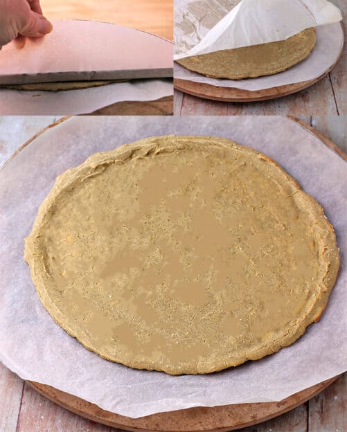 Quinoa pizza crust is flipped and baked.
