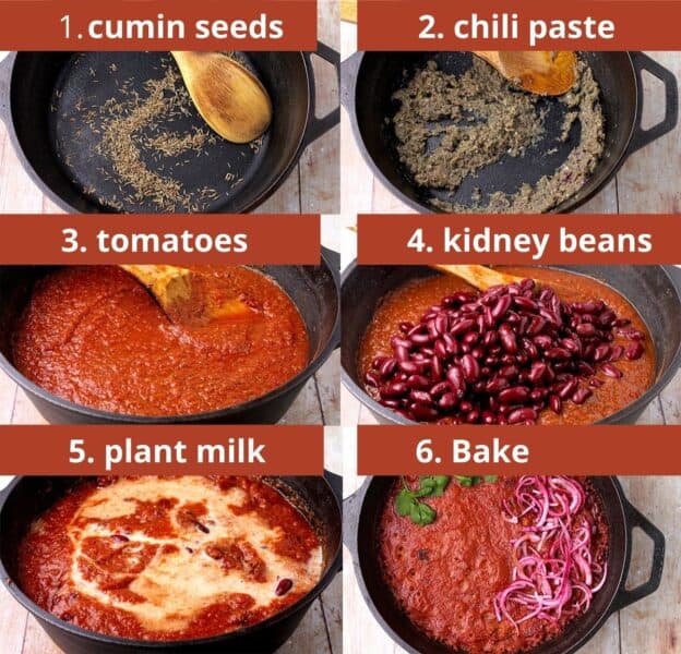 6 pictures describe the cooking process for rajma masala.